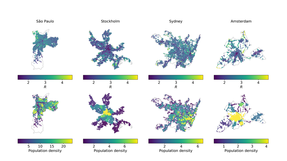 Disparities in travel times between car and transit: Spatiotemporal patterns in cities